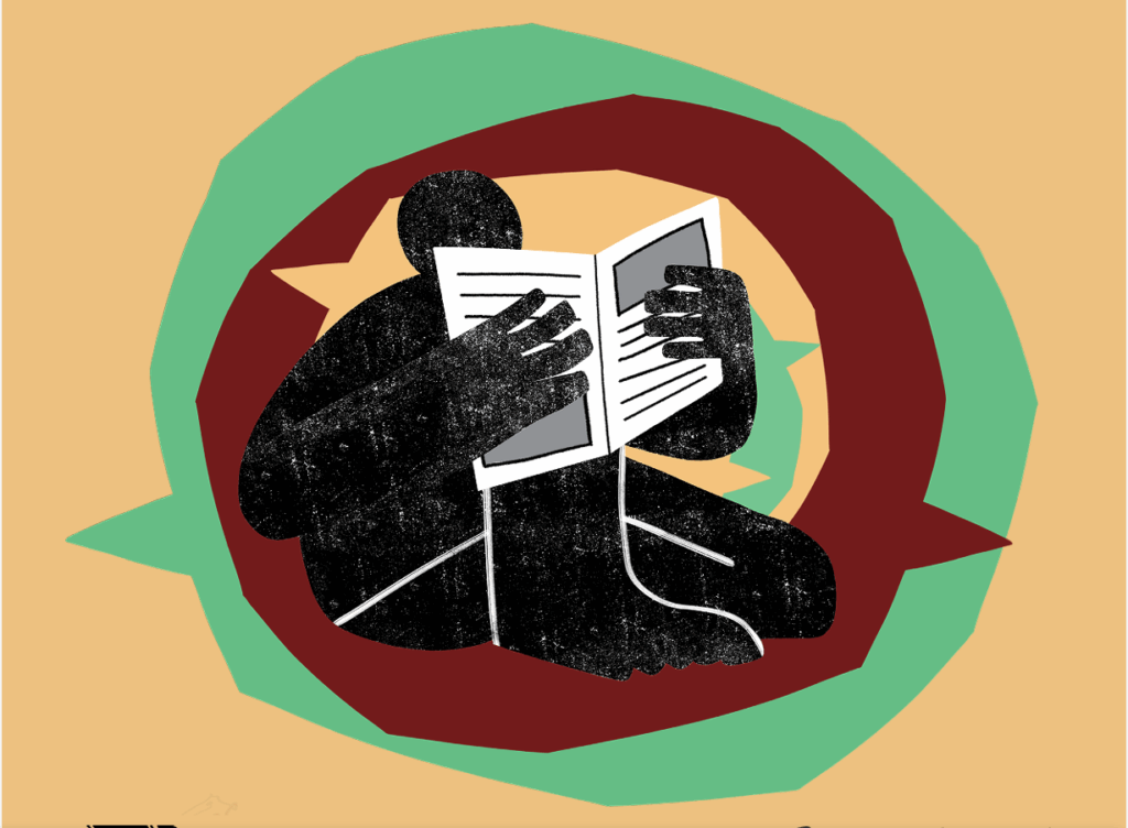 Image of the cover of the resource Say it with Respect: A Journalists’ Guide to Reporting on Indigenous & Minoritized Languages, Language Endangerment, and Language Revitalization. Graphic shows a designed image of an person reading a newspaper.